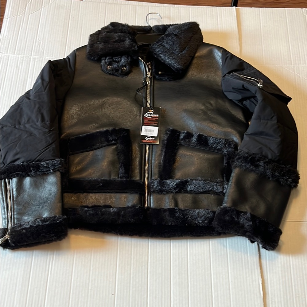 NWT-Celsius-M-Black-vegan leather and fur, zippers, biker core, bomber jacket.